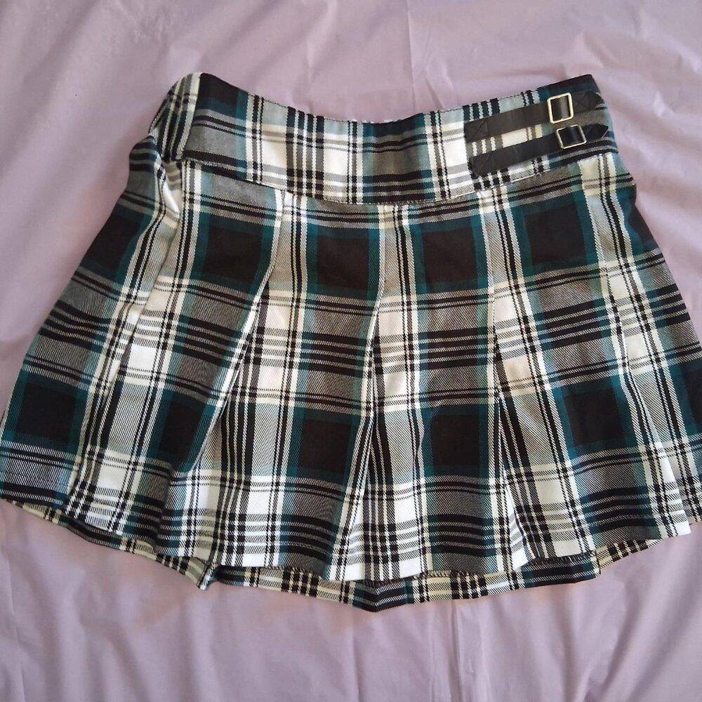 Justice Plaid Pleated Skirt, Junior L, Green/Black/White
